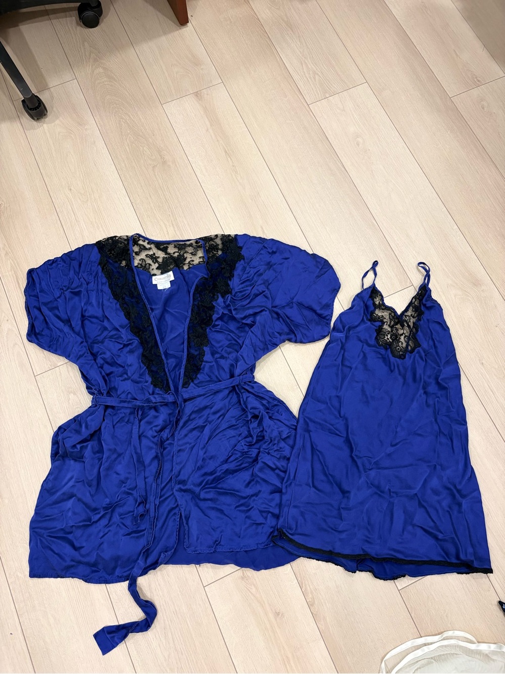 Satin Royal Blue Lace-Trim Robe & Chemise Set